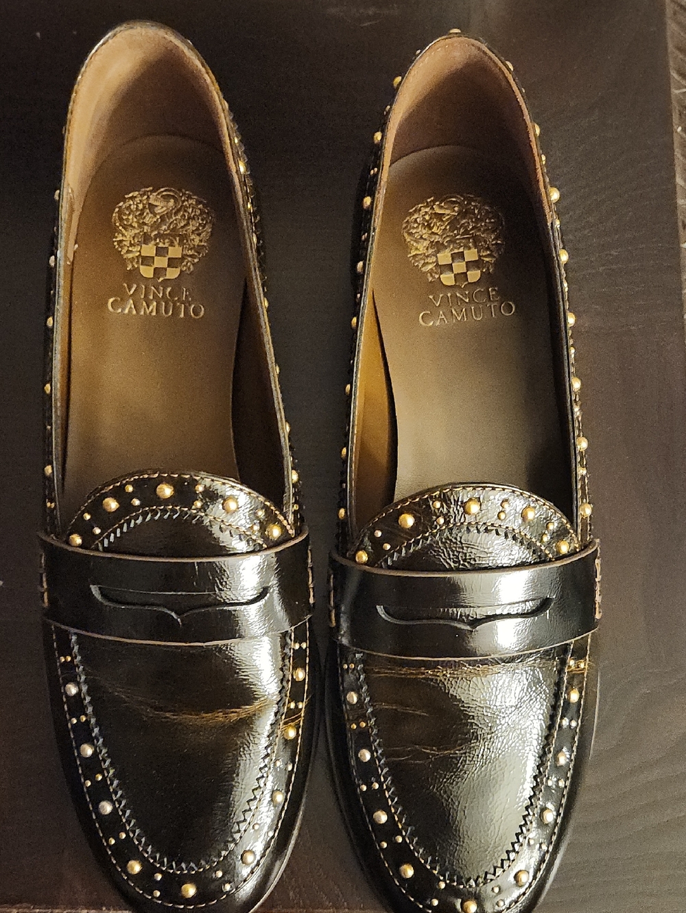 Vince Camuto Black Patent Loafers with Gold Studs